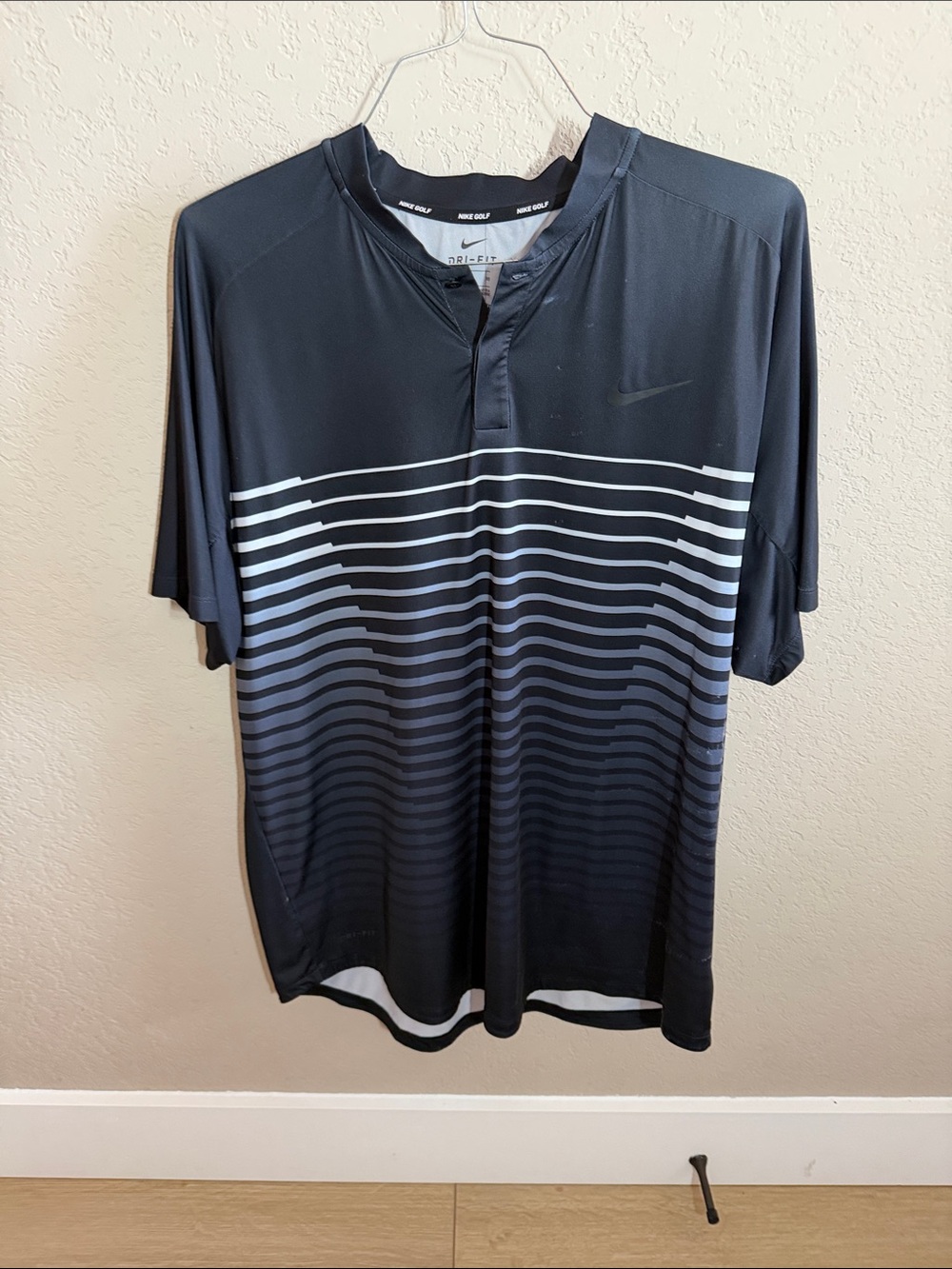Nike Golf Black Polo with White Horizontal Gradient Stripes- Tiger Woods Edition